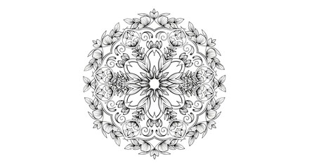 Whimsical Outline Mandala with Central Star Flower and Radiating Intricate Patterns on Isolated White Background