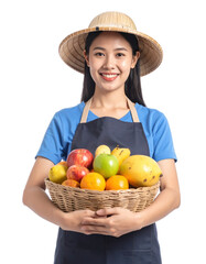 Harvest Basket: A cheerful female farmer, radiant with a genuine smile, holds a woven basket overflowing with freshly picked, vibrant fruits in a beautifully lit scene. 