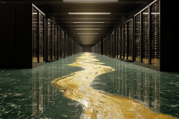 A futuristic server room with a golden river