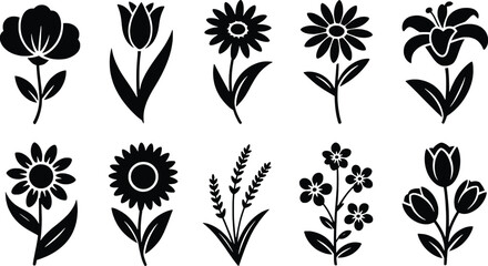 Collection of diverse black and white flower silhouettes hand-drawn style for design projects
