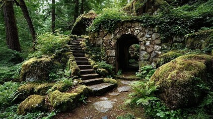 Stone steps leading to an archway in a mossy forest