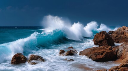 Obraz premium Crashing Ocean Waves Against Rocky Shore Under Dramatic Dark Sky