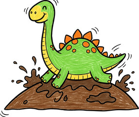 Obraz premium Dinosaur Having Fun Sliding Down a Muddy Hill