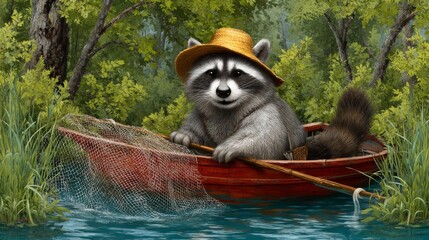 Obraz premium Cartoon Raccoon Fisherman in Small Boat with Fishing Net Surrounded by Lush Greenery