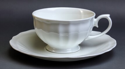 Elegant White Porcelain Teacup With Saucer Showcasing Smooth Curves Against Dark Background