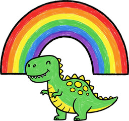 Obraz premium Happy Dinosaur Standing Under a Crayon Rainbow