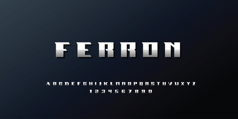 Ferron Font. Industrial Steel-Inspired Display Typeface with Bold Geometric Shapes. Metallic and Rugged Capital Letters for Strong Branding, Logos, and Heavy Design. Vector Illustration.
