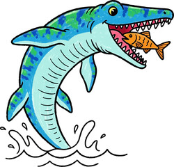 Naklejka premium Mosasaurus Leaping to Catch a Crayon Fish
