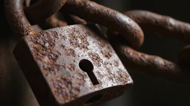 A closeup of a rusty square padlock attached to a thick equally rusted chain set against a dark outoffocus background