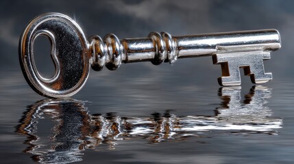 Obraz premium Metallic Key on Reflective Surface Showcasing Intricate Details and Sparkles Against Moody Background