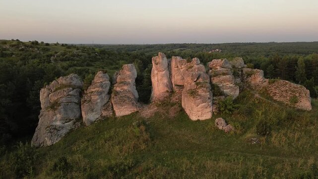 Aerial drone flight over Limestone Rock Ner Olsztyn, Poland