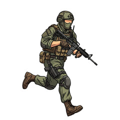 Cartoon Soldier Running with Assault Rifle Isolated on Transparant Background