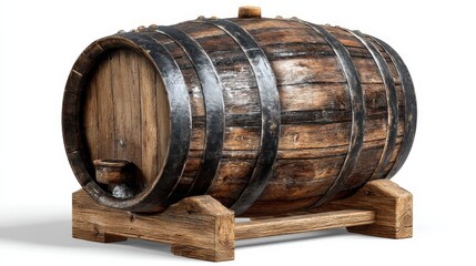Fototapeta premium Rustic Wooden Barrel Displayed on a Stand Evoking Vintage Charm in Studio Setting