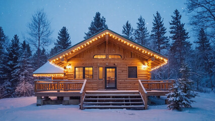Obraz premium Cozy Wooden Cabin with Lights in Snowy Winter Forest