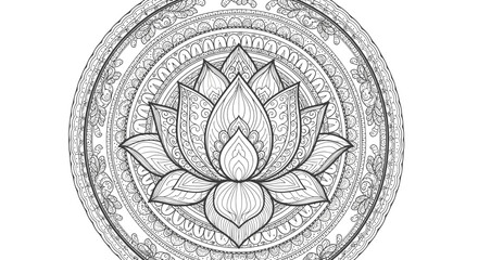Peaceful Outline Mandala with Prominent Lotus Flower for Yoga and Spirituality on Isolated White Background