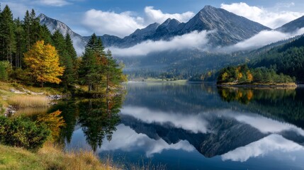 Serene Mountain Lake Reflecting Foggy Sky in an Autumn Landscape with Lush Greenery
