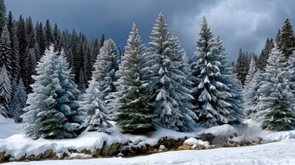 Obraz premium Snow Covered Pine Trees in a Winter Forest Landscape Under a Moody Sky with Falling Snowflakes