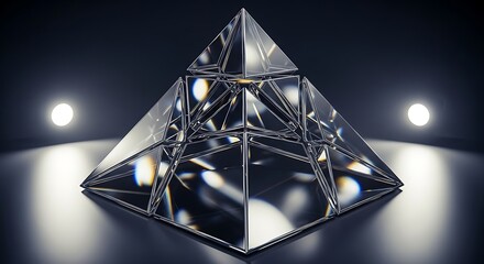 A faceted metallic pyramid reflecting light, set against a dark, moody background
