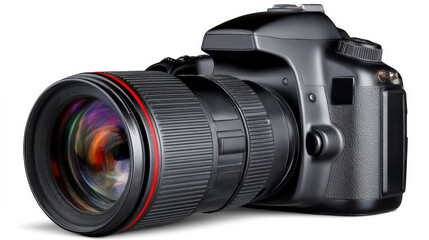 Isolated Black DSLR Camera With Detailed Lens Features On White Background