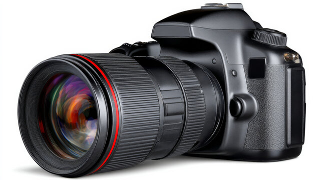 Isolated Black DSLR Camera With Detailed Lens Features On White Background