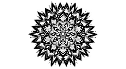 Bold Black and White Mandala with Sharp Geometric Patterns on Isolated White Background