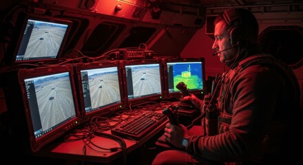 Man in military uniform operating a drone control system for surveillance and security.