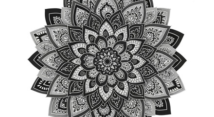 Complex Greyscale Layered Mandala, Intricate Shaded Pattern for Artistic Expression and Meditative Focus, Isolated White Background