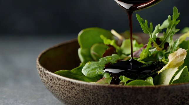 Close-up of a drizzle of balsamic glaze on a fresh salad, rich and glossy