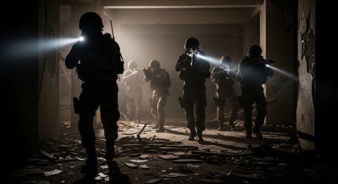 Group of soldiers with weapons in urban battlefield with flashlights. Military special forces operation with army.