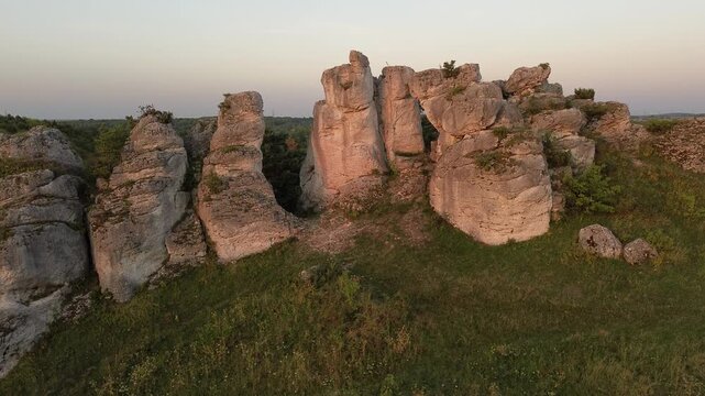 Aerial drone flight over Limestone Rock Ner Olsztyn, Poland