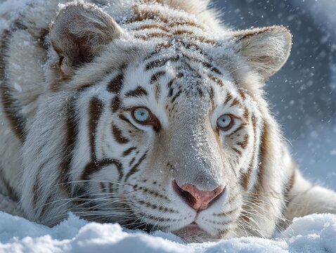 Majestic white tiger resting in snowy landscape with serene expression and blue eyes - Powered by Adobe
