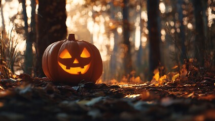 Glowing jack o lantern in a forest with autumn leaves and trees