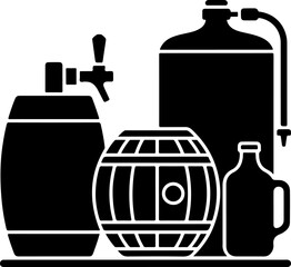 Modern Black Silhouette Icons Featuring Essential Brewing and Beverage Storage Equipment Kegs, Barrels, Fermenters, and Growlers for Craft Drinks