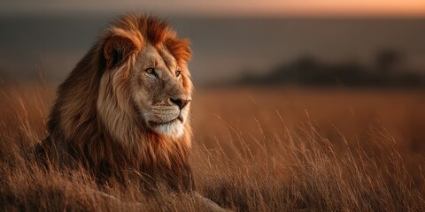 Majestic lion resting in the golden grasslands at sunset in African savanna