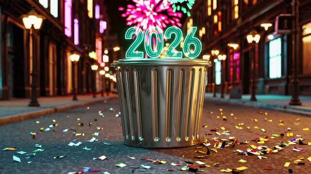 The Year 2026 Discarded Inside Trash Receptacle Representing the Passage of Time and New Beginnings