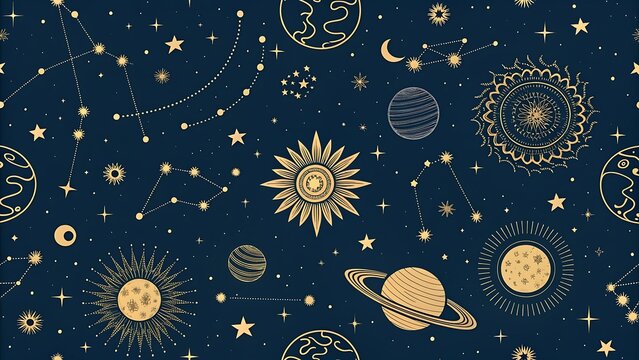 Celestial Pattern with Stars Planets Constellations and Suns Mystical and Spiritual Design Elements in Golden Color Cosmic Background for Astrology and New Age Themes