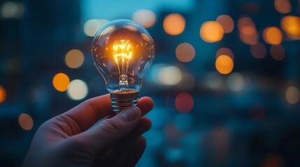 A glowing light bulb held in a hand.