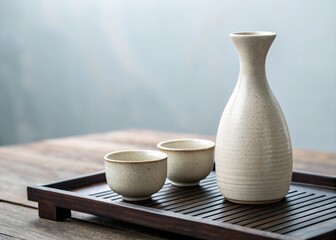 Minimalist Japanese Sake Set on a Dark Wood Table