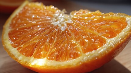 Close-up of a juicy orange slice, showcasing its vibrant color and texture, with light reflecting off its surface.