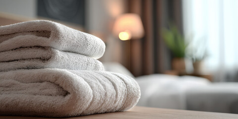 Close Up of Freshly Folded White Towels in Luxury Hotel Room