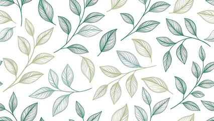 Elegant Leaf Pattern with Delicate Lines and Natural Colors Ideal for Backgrounds and Textile Designs Showcasing Fresh Green and Beige Leaves on a White Backdrop