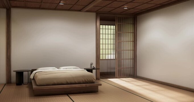 Traditional Japanese room, Minimalist Japanese bedroom with futon and tatami mat.3D rendering