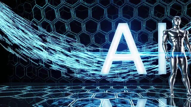 AI sign on the hexagonal background with binary code. Artificial Intelligence. 3d AI sign on the hexagonal background with binary code. Artificial Intelligence. 3d robot