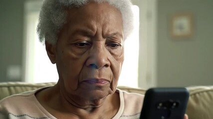 Elderly Woman Concentrating on Smartphone Screen Indoors, Browsing or Watching Video - Powered by Adobe
