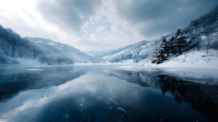 Frozen lake surrounded by snow capped mountains