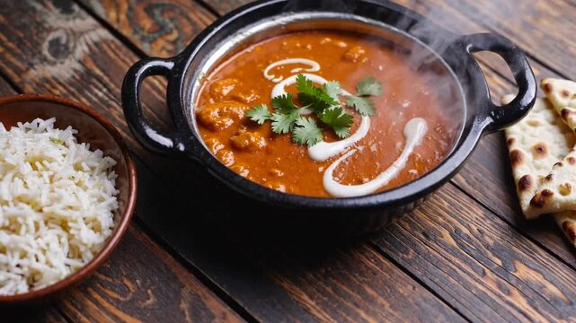traditional Indian butter chicken curry served in classic balti dish
