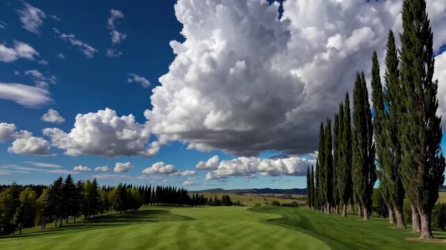 expansive golf course fairway exhibiting lush green grass under vast sky filled with large cloud formations