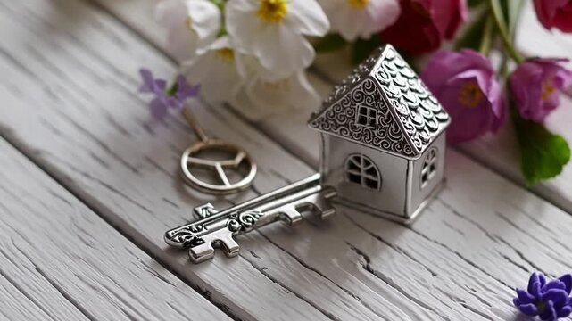 Attractive blossoming flora and metal instrument for locking accompanied by charm resembling dwelling place arranged on pale timber surface from above