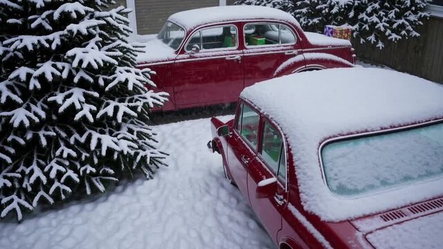 evergreen conifer traditionally decorated is positioned next to automobile overflowing with wrapped holiday gifts