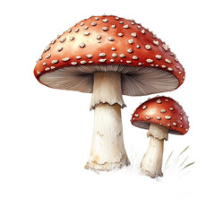 Obraz premium Two Red Amanita Muscaria Mushrooms Growing in the Wild on Transparent Background